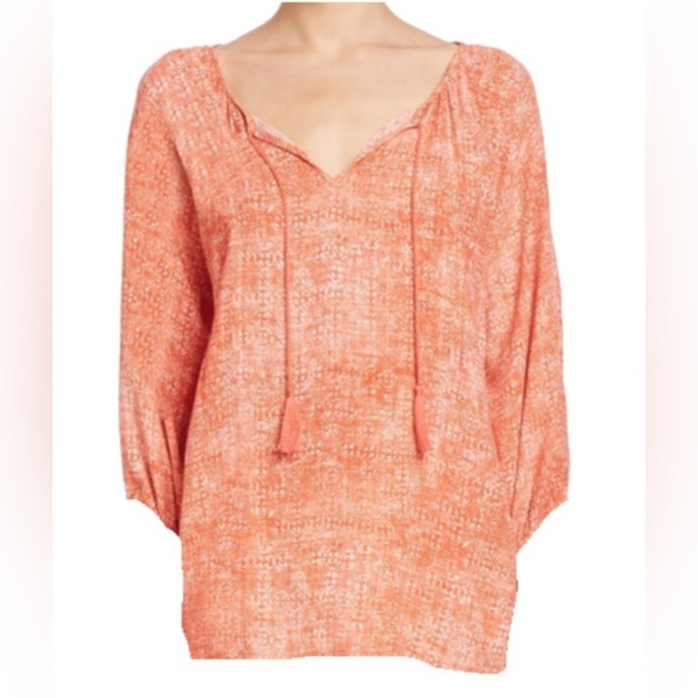 Soft Joie EUC Boho Tassel Tie Peasant Blouse Orange White Medium